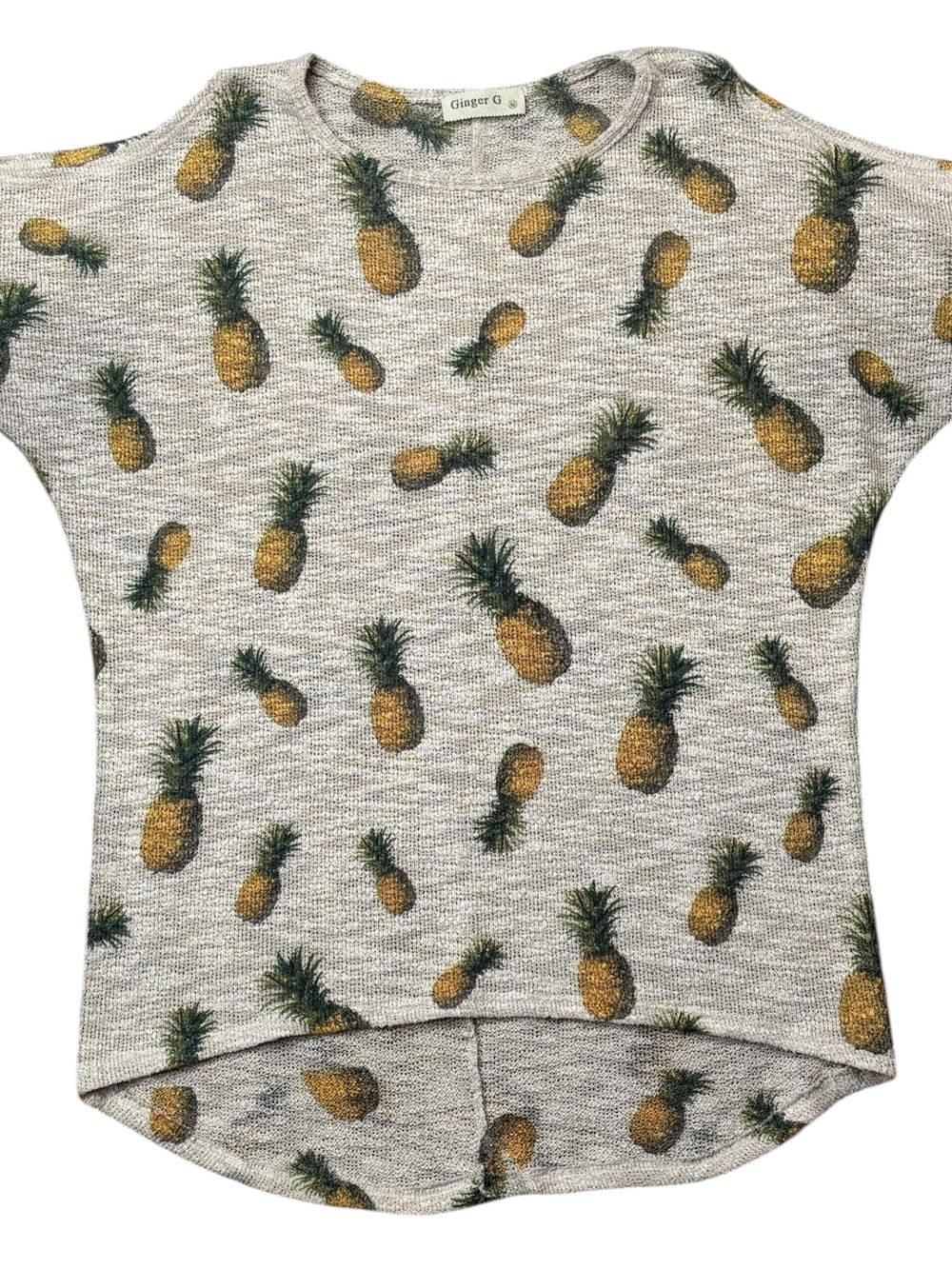 Ginger G Pineapple Print Hi/Lo Cold Shoulder Knit Crew Neck Top M